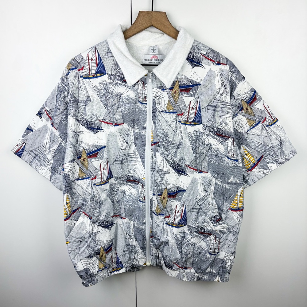 Vintage Nautical Terrycloth Lined Short Sleeve Sailboat Zip Shirt Jacket Mens XL